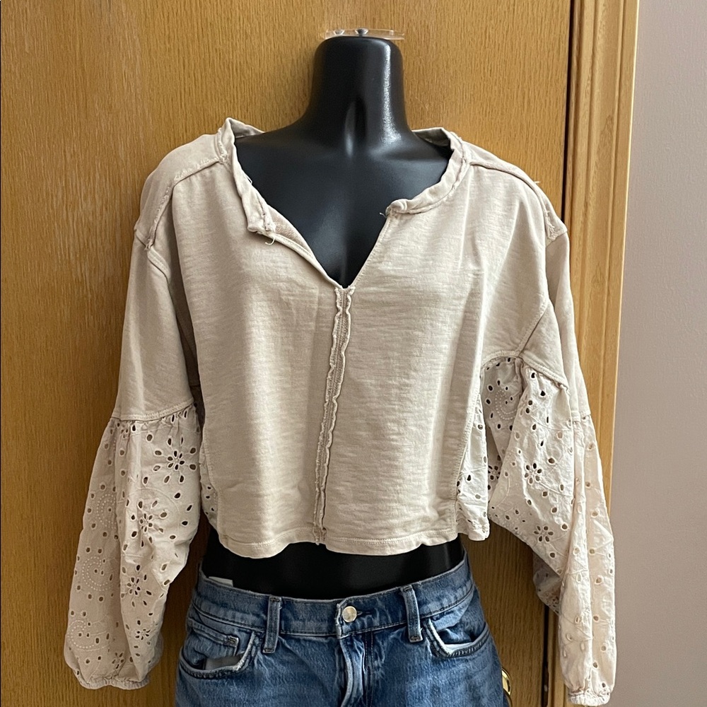 Pilcro Beige Eyelet Sleeve Blouse